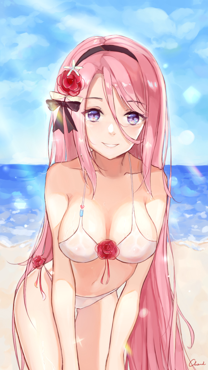 1girl alternate_costume artist_name azur_lane bangs bare_legs beach bikini bow breasts chand cleavage clouds cloudy_sky collarbone cowboy_shot day eyebrows_visible_through_hair flower gluteal_fold hair_between_eyes hair_bow hair_flower hair_ornament hairband highres leaning_forward lexington_(azur_lane) long_hair looking_at_viewer medium_breasts midriff navel ocean parted_bangs parted_lips pink_hair signature sky smile solo standing straight_hair swimsuit violet_eyes wet white_bikini