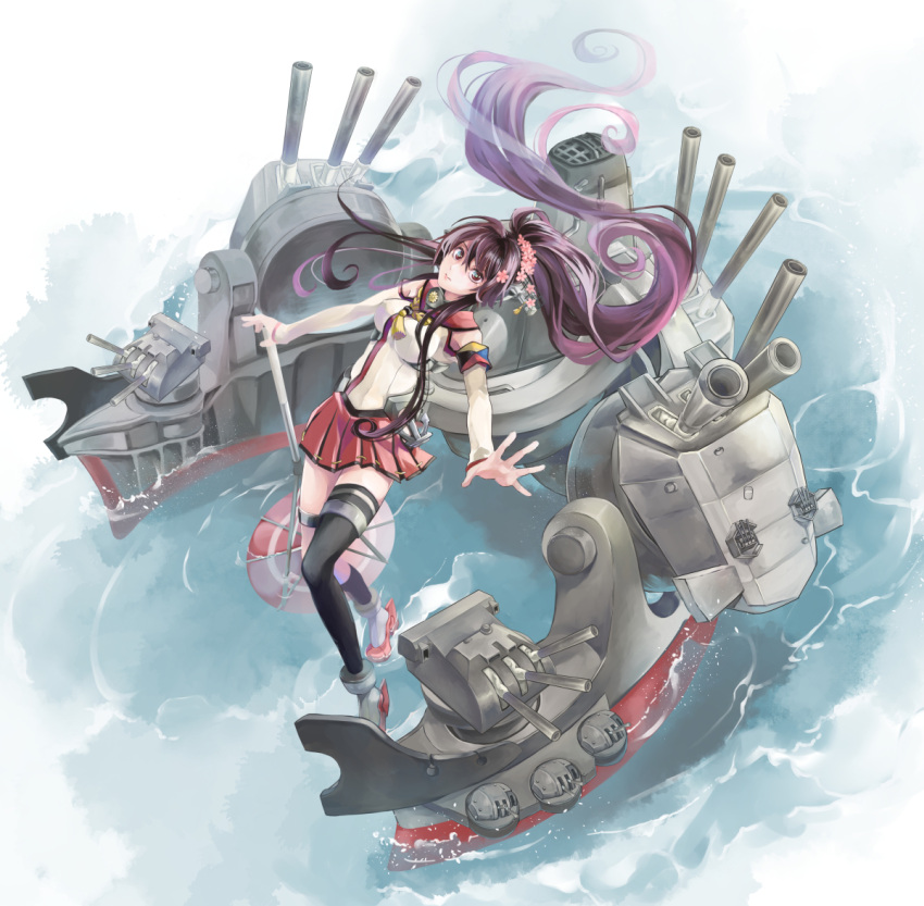 1girl anchor armband breasts brown_eyes cannon cherry_blossoms detached_sleeves flower from_above hair_between_eyes hair_flower hair_intakes hair_ornament headgear high_heels himerinco hip_vent kantai_collection large_breasts long_hair miniskirt oriental_umbrella pleated_skirt ponytail purple_hair red_skirt red_umbrella rigging rudder_footwear single_thighhigh skirt smokestack solo standing standing_on_liquid thigh-highs thigh_strap turret umbrella very_long_hair yamato_(kantai_collection) z-flag