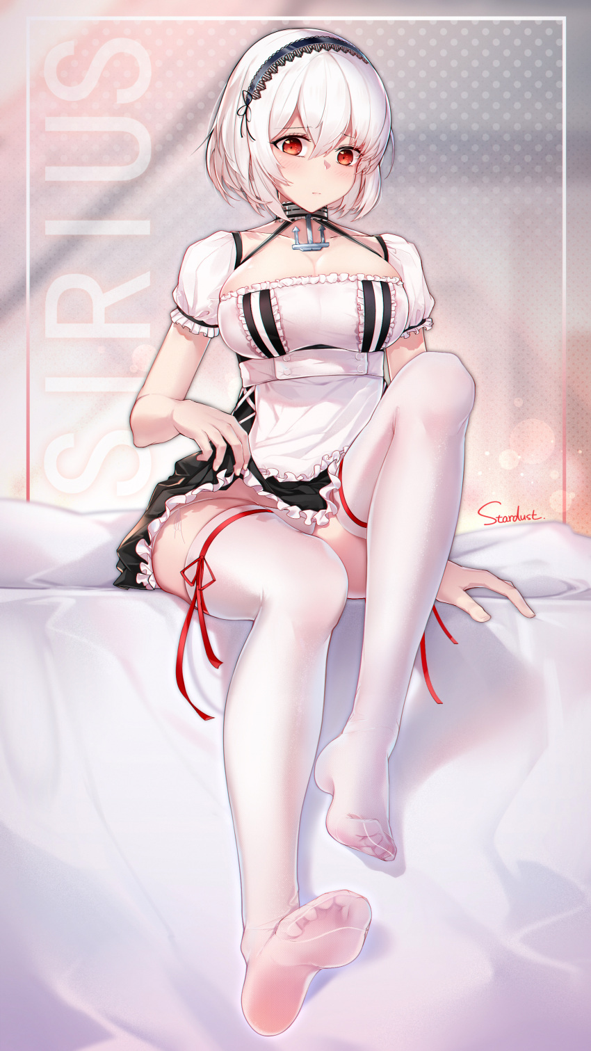 1girl absurdres albino anchor apron arm_at_side artist_name azur_lane bangs bed_sheet black_hairband black_skirt blush breasts character_name cleavage collarbone dust_(394652411) eyebrows_visible_through_hair frilled_apron frilled_skirt frilled_sleeves frills hair_between_eyes hairband high-waist_skirt highres knee_up large_breasts lifted_by_self light_frown looking_at_viewer no_shoes on_bed panties pantyshot pantyshot_(sitting) polka_dot polka_dot_background puffy_short_sleeves puffy_sleeves red_eyes red_ribbon ribbon short_sleeves side-tie_panties sirius_(azur_lane) sitting sitting_on_bed skirt skirt_lift soles solo thigh-highs thigh_ribbon underwear waist_apron white_apron white_hair white_legwear white_panties