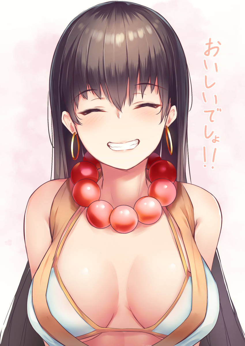 1girl absurdres arms_behind_back bead_necklace beads bikini_top black_hair borushichi breasts closed_eyes earrings fate/grand_order fate_(series) grin highres hoop_earrings jewelry large_breasts necklace smile xuanzang_(fate/grand_order)