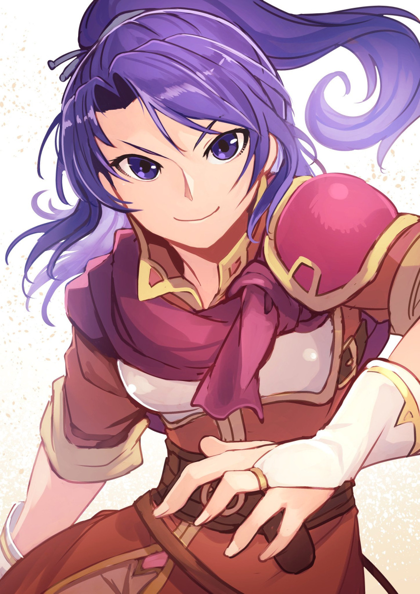 1girl armor bangs belt blue_eyes blue_hair breastplate bridal_gauntlets closed_mouth commentary_request female_focus female_my_unit_(fire_emblem:_shin_monshou_no_nazo) fingernails fire_emblem fire_emblem:_mystery_of_the_emblem fire_emblem:_new_mystery_of_the_emblem fire_emblem:_shin_monshou_no_nazo highres intelligent_systems kris_(fire_emblem) kris_(fire_emblem)_(female) long_hair looking_at_viewer my_unit_(fire_emblem:_shin_monshou_no_nazo) nakabayashi_zun nintendo ponytail shiny shiny_hair short_sleeves shoulder_armor shoulder_pads simple_background smile solo