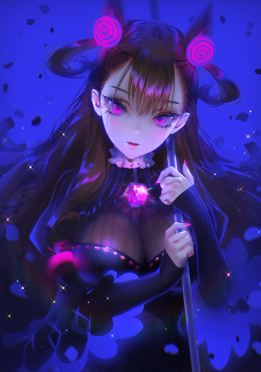 1girl bangs black_dress blue blue_background breasts brown_hair double_bun dress fate/grand_order fate_(series) gem hair_between_eyes highres large_breasts long_hair long_sleeves looking_at_viewer murasaki_shikibu_(fate) nail_polish parted_lips pink_nails puffy_long_sleeves puffy_sleeves purple_lips see-through sleeves_past_wrists solo staff turtleneck very_long_hair violet_eyes zenke