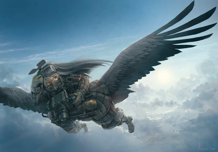 1girl asterisk_kome camera clouds coat flying gloves goggles goggles_on_head grey_hair highres low_wings original oxygen_mask quilted_coat recon_unit signature sky tail_feathers winged_fusiliers wings yellow_eyes