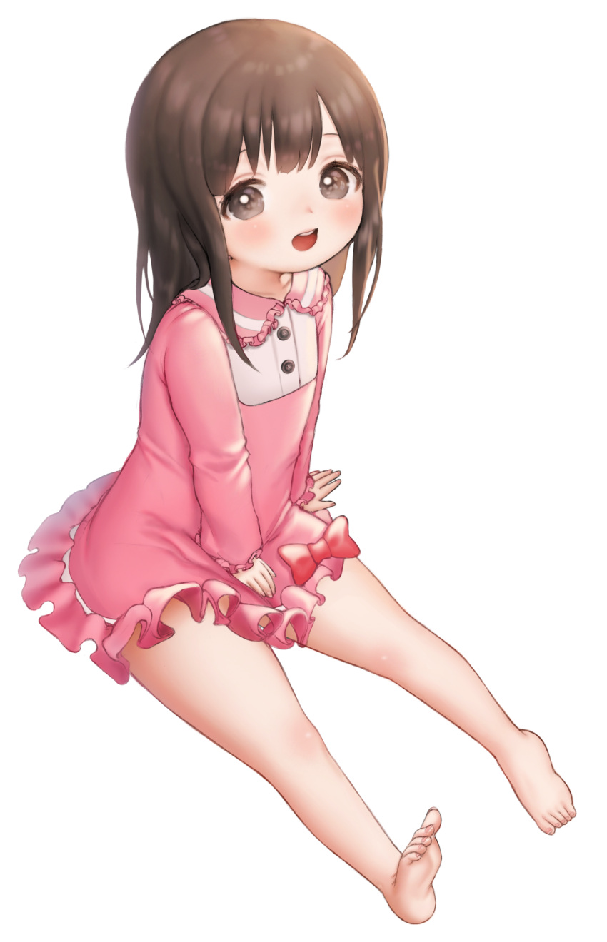 1girl barefoot between_legs brown_eyes brown_hair character_request destiny_child dress feet hand_between_legs highres long_hair open_mouth pink_dress short_dress simple_background sitting soles solo toes white_background