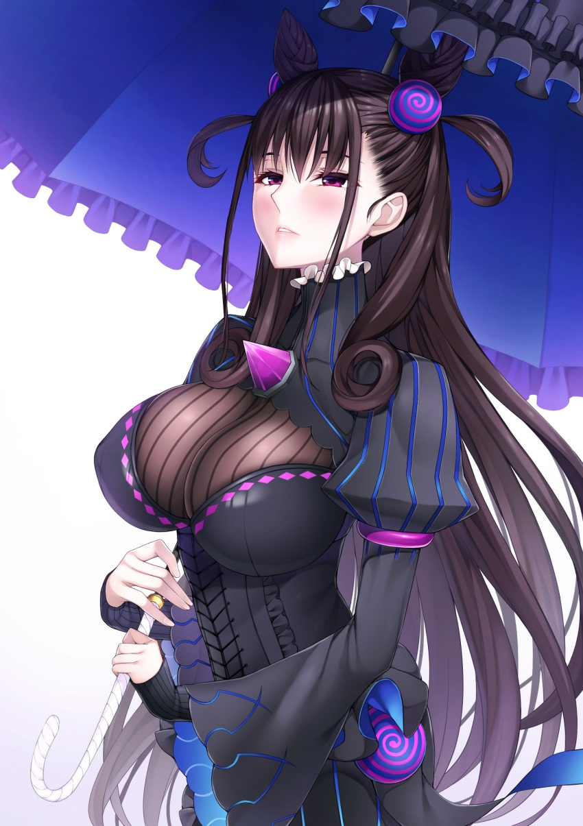 1girl bangs black_dress black_hair blush breasts cleavage_cutout corset curly_hair double_bun dress fate/grand_order fate_(series) frilled_dress frilled_umbrella frills hair_between_eyes hair_ornament highres holding holding_umbrella large_breasts long_hair long_sleeves looking_at_viewer murasaki_shikibu_(fate) parted_lips puffy_long_sleeves puffy_sleeves see-through simple_background sleeves_past_wrists solo takocha turtleneck two_side_up umbrella very_long_hair violet_eyes white_background wide_sleeves