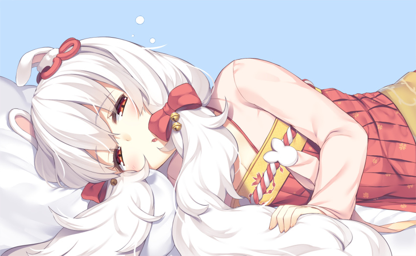 1girl :o animal_ears azur_lane bangs bed_sheet bell blue_background bow breasts cleavage commentary_request dress eyebrows_visible_through_hair hair_bell hair_between_eyes hair_bow hair_ornament half-closed_eyes highres jingle_bell laffey_(azur_lane) long_hair long_sleeves lying olive_(laai) on_side parted_lips pillow pleated_dress rabbit_ears red_bow red_dress red_eyes silver_hair small_breasts solo upper_body