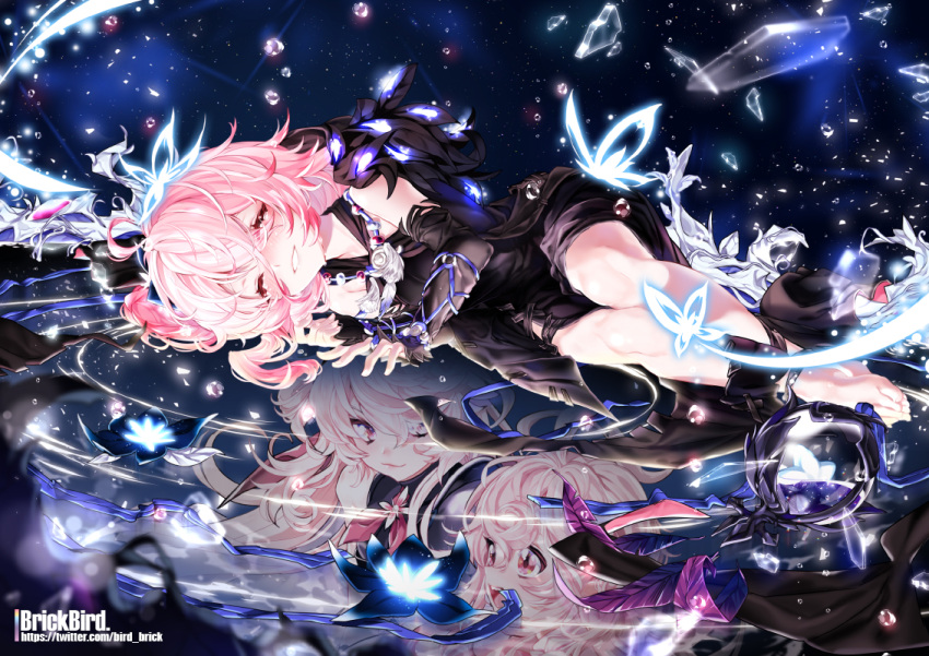 3girls brickbird bubble bug butterfly commentary daydreamer_(elsword) dreaming elsword eternity_winner_(elsword) flower glasses insect laby_(elsword) multiple_girls nisha_(elsword) radiant_soul_(elsword) shattered smile tears