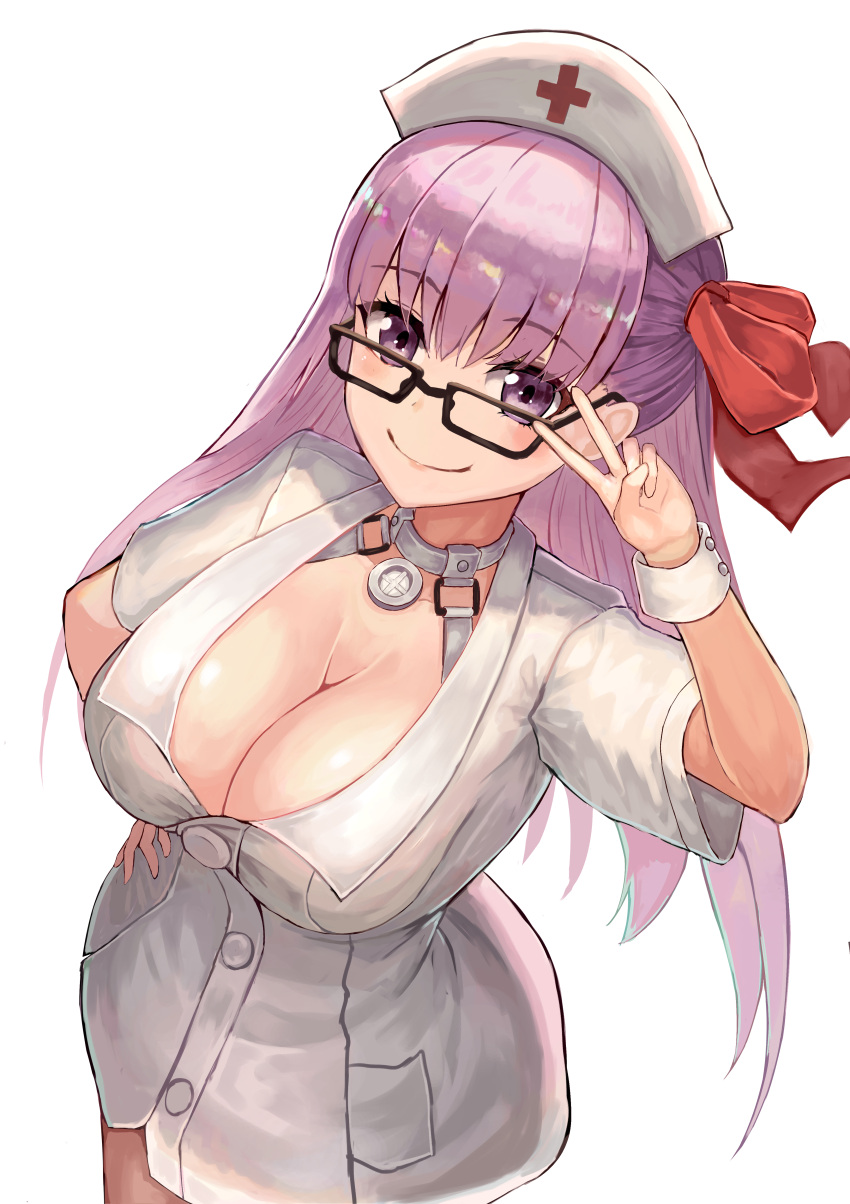 1girl absurdres bangs bb_(fate)_(all) bb_(fate/extra_ccc) blush breasts buttons cleavage closed_mouth collar collarbone dress fate/extra fate/extra_ccc fate_(series) glasses hair_between_eyes hair_ribbon hand_gesture hand_on_hip hat highres hoshibudou large_breasts long_hair looking_at_viewer nurse nurse_cap purple_hair red_ribbon ribbon short_dress short_sleeves simple_background smile solo v violet_eyes white_background white_dress wrist_cuffs