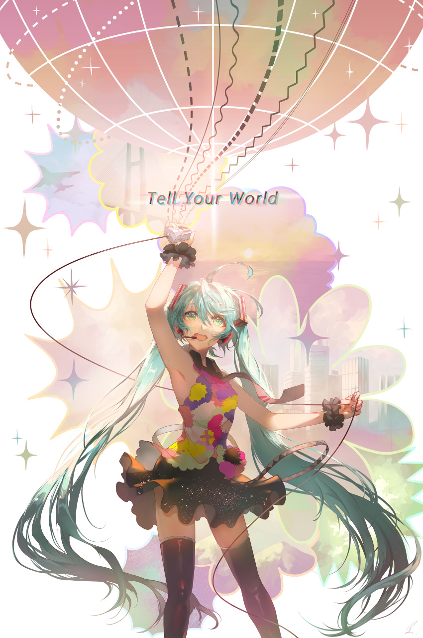 1girl absurdres aircraft airplane aqua_eyes aqua_hair arm_up armpits bare_shoulders belt bridge building cable cityscape colorful commentary feet_out_of_frame fores globe hair_ornament hatsune_miku headset highres holding holding_cable holding_microphone long_hair looking_up microphone mountain multicolored_shirt necktie ocean open_mouth saihate_(d3) scrunchie skirt sky skyscraper solo sparkle star_(sky) starry_sky sun sunset tell_your_world_(vocaloid) thigh-highs twintails very_long_hair vocaloid wrist_scrunchie