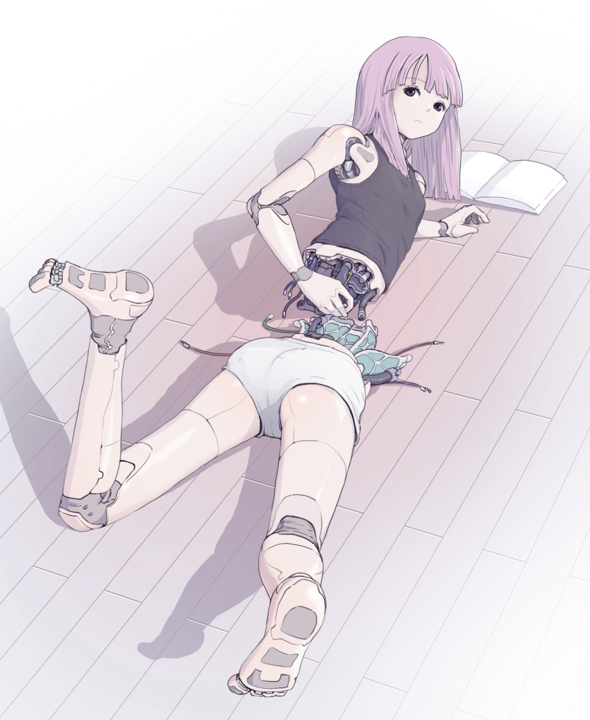 1girl android bangs barefoot black_tank_top blunt_bangs book cable commentary_request damaged highres looking_at_viewer lying mechanical_parts on_floor on_stomach open_book original pale_color parts_exposed pink_hair robot_joints short_shorts shorts soles solo sukabu tube violet_eyes white_shorts wooden_floor