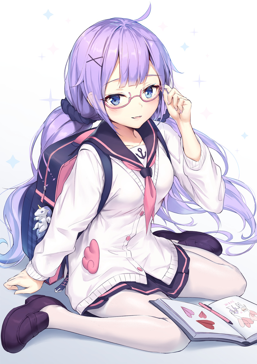 1girl adjusting_eyewear anchor_symbol azur_lane backpack bag bag_charm bespectacled black_sailor_collar black_scrunchie black_skirt blue_eyes blush book brown_footwear cardigan charm_(object) collarbone commentary_request fingernails full_body glasses hair_ornament hair_scrunchie hand_up highres loafers long_hair long_sleeves low_twintails mechanical_pencil nail_polish open_book pantyhose pdxen pencil pink-framed_eyewear pink_nails pink_neckwear pleated_skirt purple_hair sailor_collar school_uniform scrunchie semi-rimless_eyewear serafuku shoes sitting skirt sleeves_past_wrists solo sparkle thighband_pantyhose twintails under-rim_eyewear unicorn_(amusement_park_date)_(azur_lane) unicorn_(azur_lane) very_long_hair wariza white_background white_cardigan white_legwear x_hair_ornament