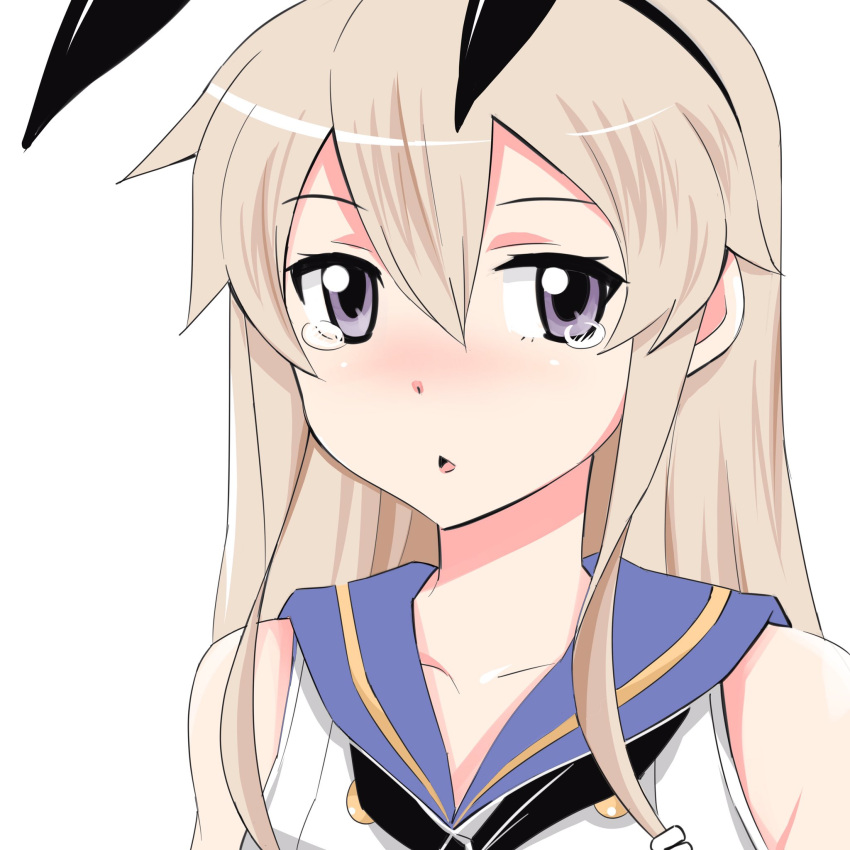 1girl animal_ears blonde_hair blush collarbone commentary_request fake_animal_ears grey_eyes hair_between_eyes hair_ornament hairband highres inoue_kousei kantai_collection long_hair looking_at_viewer nose_blush open_mouth rabbit_ears sailor_collar shadow shirt sidelocks sleeveless sleeveless_shirt solo tearing_up upper_body white_background