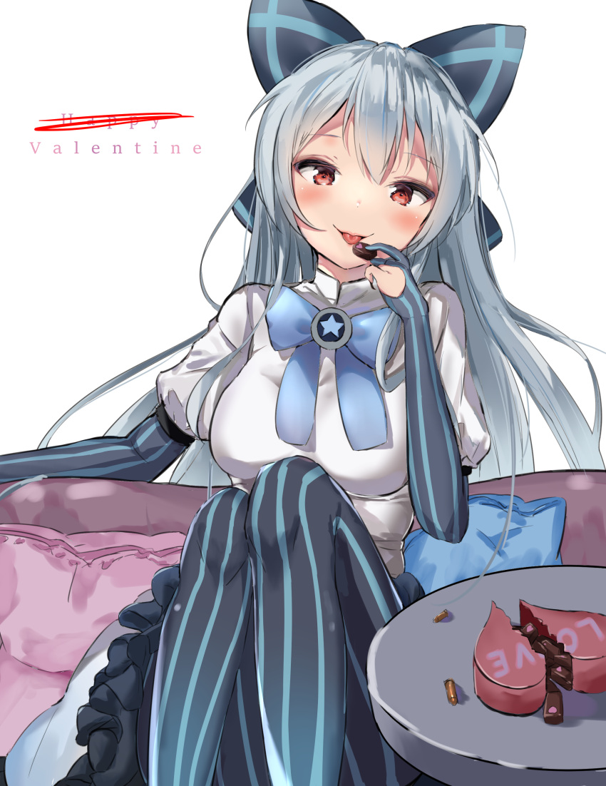 1girl absurdres bangs blue_legwear blue_neckwear blush bow bowtie box breasts dress elbow_gloves eyebrows_visible_through_hair food girls_frontline gloves hair_between_eyes hair_bow hair_ribbon heart heart-shaped_box heart-shaped_food highres holding holding_food long_hair looking_at_viewer medium_breasts open_mouth pillow red_eyes ribbon sidelocks silver_hair sitting smile solo striped striped_legwear thigh-highs tokarev_(girls_frontline) tongue tongue_out vertical-striped_legwear vertical_stripes zengi
