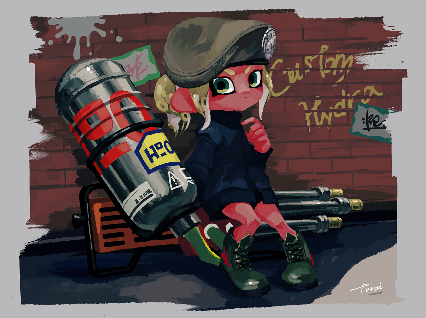 1girl beret blue_coat boots brick_wall closed_mouth coat cross-laced_footwear frown full_body graffiti green_eyes green_footwear green_hair green_hat hand_up hat highres hydra_splatling_(splatoon) lace-up_boots light_green_hair long_sleeves looking_at_viewer octarian octoling paint_splatter pigeon-toed ponytail signature sitting solo splatoon splatoon_(series) splatoon_2 tarai_(silica5) tentacle_hair