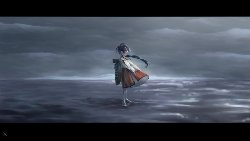 1girl bangs black_hair catapult clouds cloudy_sky fan floating_hair folding_fan full_body grey_sky hair_ornament hair_ribbon hair_tie hakama headgear high_ponytail highres japanese_clothes kantai_collection kariginu long_hair long_sleeves looking_at_viewer machinery miko multi-tied_hair nisshin_(kantai_collection) ocean okobo outdoors parted_bangs railing red_eyes red_hakama red_ribbon ribbon ribbon-trimmed_sleeves ribbon_trim rigging rudder_footwear rudder_shoes short_eyebrows sidelocks signature sky solo standing standing_on_liquid tabi thick_eyebrows very_long_hair water white_legwear wide_sleeves widescreen zabuton_dorobou