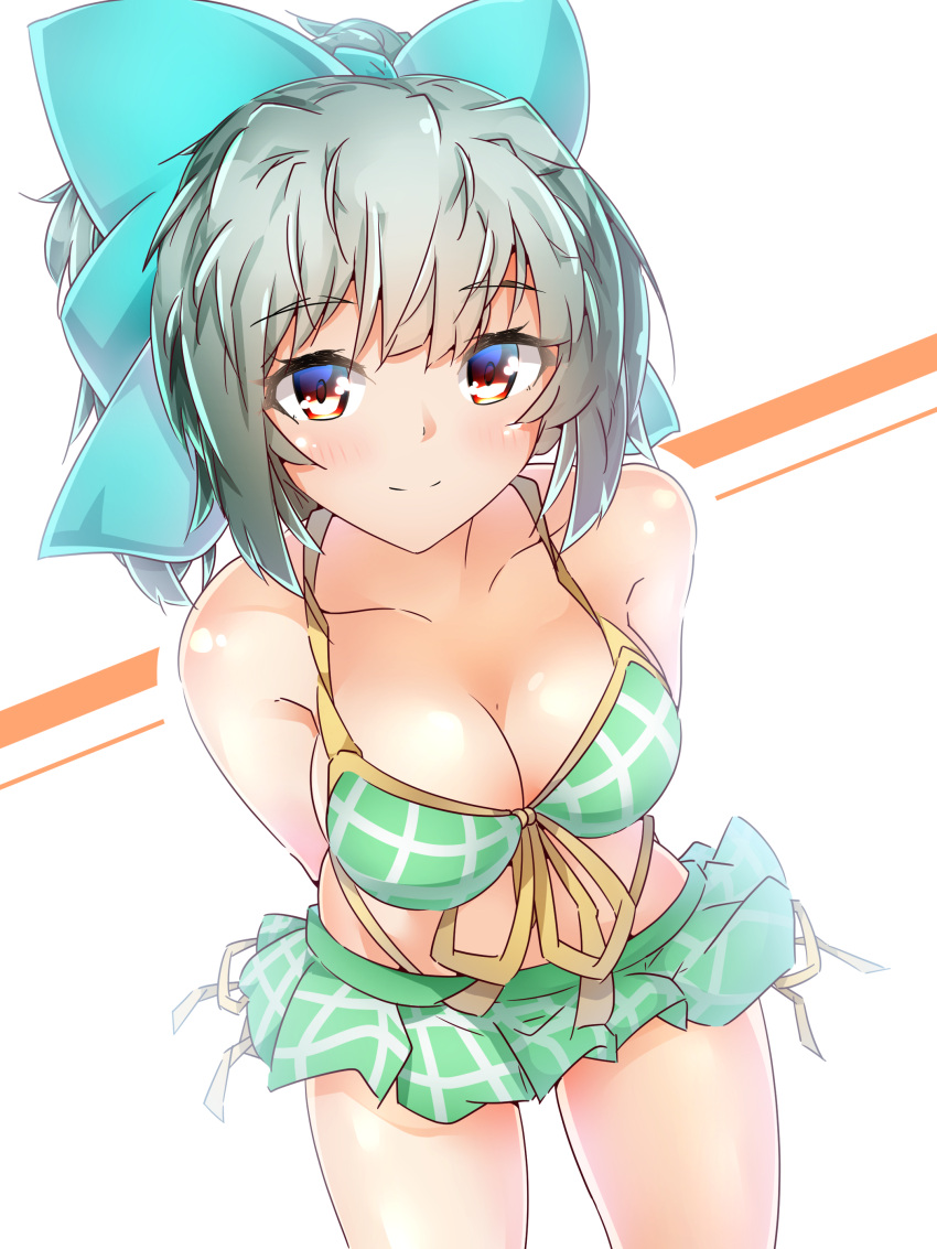 1girl absurdres bikini blush bow breasts brown_eyes closed_mouth eyebrows_visible_through_hair green_hair hair_between_eyes hair_bow hair_ornament harukawa_(hal501) highres kantai_collection looking_at_viewer medium_breasts ponytail simple_background solo swimsuit white_background yuubari_(kantai_collection)