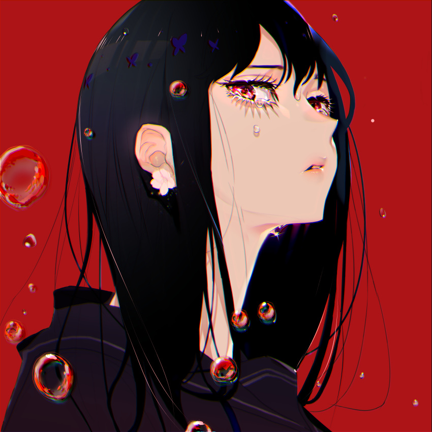 1girl absurdres black_hair crying earrings face hair_between_eyes highres jewelry long_hair looking_at_viewer nanase_miri original parted_lips red_background red_eyes simple_background solo sparkle tears upper_body water_drop