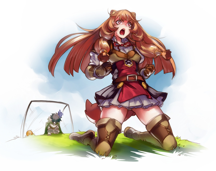 1boy 1girl amano-g animal_ears bangs belt breasts brown_hair clenched_hands full_body goal hair_tubes iwatani_naofumi long_hair miniskirt open_mouth raccoon_ears raccoon_girl raccoon_tail raphtalia red_eyes shouting skirt small_breasts soccer soccer_field solo_focus tail tate_no_yuusha_no_nariagari thigh-highs zettai_ryouiki