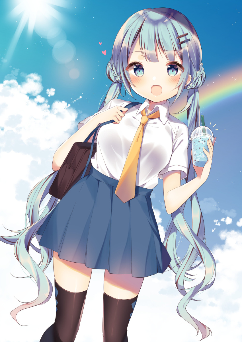 1girl :d absurdres bag black_hair black_legwear blue_eyes blue_hair blue_skirt blue_sky blush braided_bun breasts clouds cloudy_sky collared_shirt cup day disposable_cup double_bun drinking_straw glint hair_ornament hairclip hands_up heart high-waist_skirt highres holding holding_cup lens_flare light_particles long_hair looking_at_viewer medium_breasts multicolored_hair necktie notice_lines open_mouth orange_neckwear original outdoors pleated_skirt rainbow school_bag school_uniform shiino_sera shirt shirt_tucked_in short_sleeves sidelocks skirt sky smile solo standing streaked_hair sun sunlight thigh-highs twintails very_long_hair white_shirt zettai_ryouiki