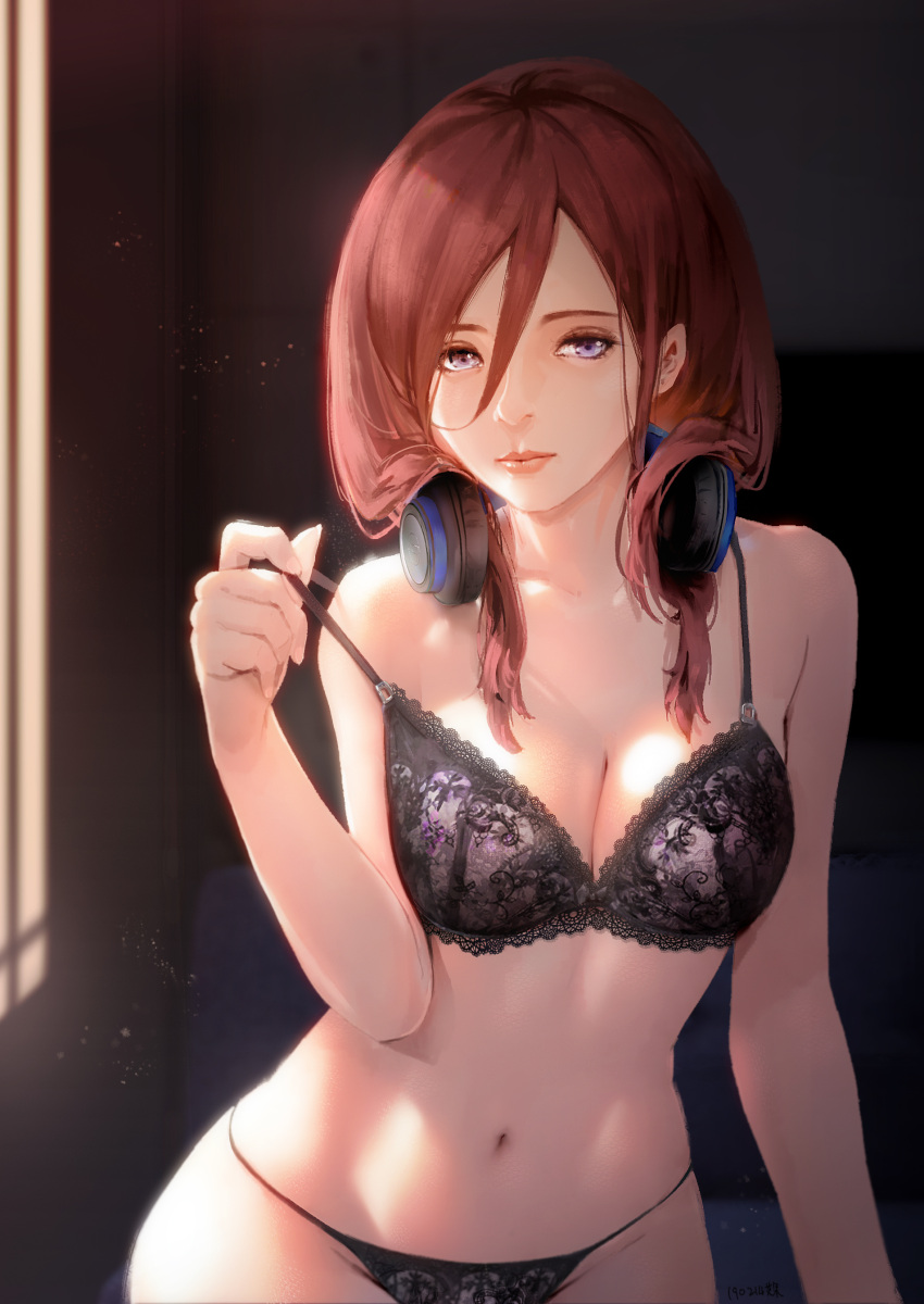 1girl absurdres aduo black_bra blue_eyes bra breasts cleavage closed_mouth cowboy_shot go-toubun_no_hanayome hair_between_eyes headphones headphones_around_neck highres lace lace-trimmed_bra lingerie lips long_hair looking_at_viewer medium_breasts nakano_miku nose panties redhead sidelighting solo strap_pull underwear underwear_only