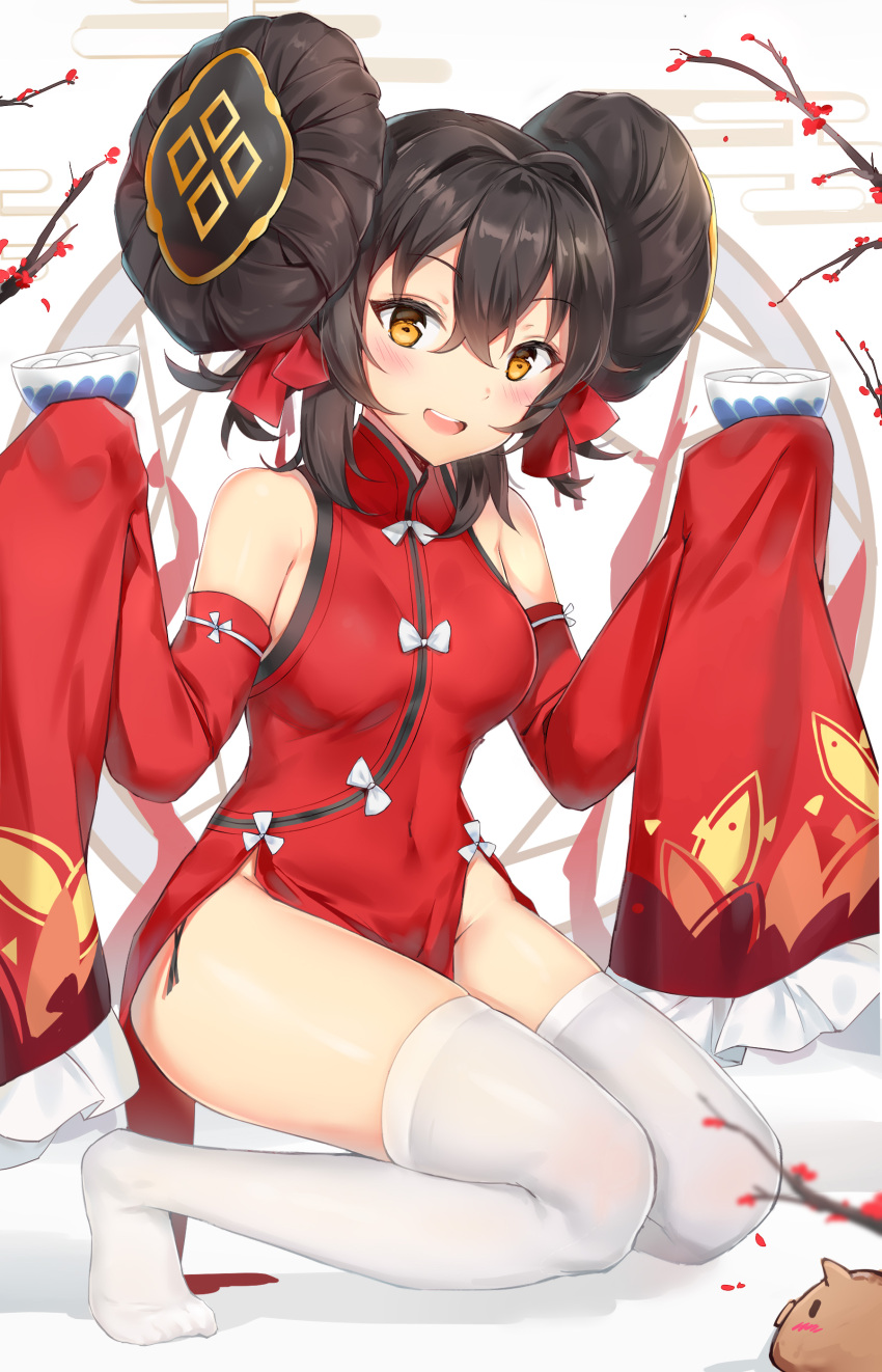 1girl :d absurdres bare_shoulders black_hair blush boar bow bowl branch china_dress chinese_clothes commentary_request covered_navel detached_sleeves double_bun dress flower frilled_sleeves frills ginn_(hzh770121) girls_frontline hair_between_eyes hair_intakes hair_ribbon highres holding holding_bowl looking_at_viewer no_panties no_shoes open_mouth pelvic_curtain qbz-97_(girls_frontline) red_dress red_ribbon ribbon side_slit sidelocks sleeves_past_wrists smile solo squatting thigh-highs thighs tight white_bow white_legwear yellow_eyes