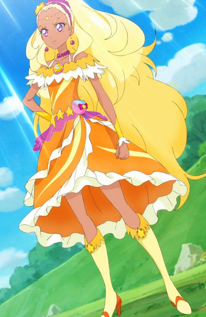 1girl absurdres amamiya_erena blonde_hair boots cure_soleil highres long_hair precure screencap solo star_twinkle_precure stitched tan thigh-highs thigh_boots third-party_edit violet_eyes