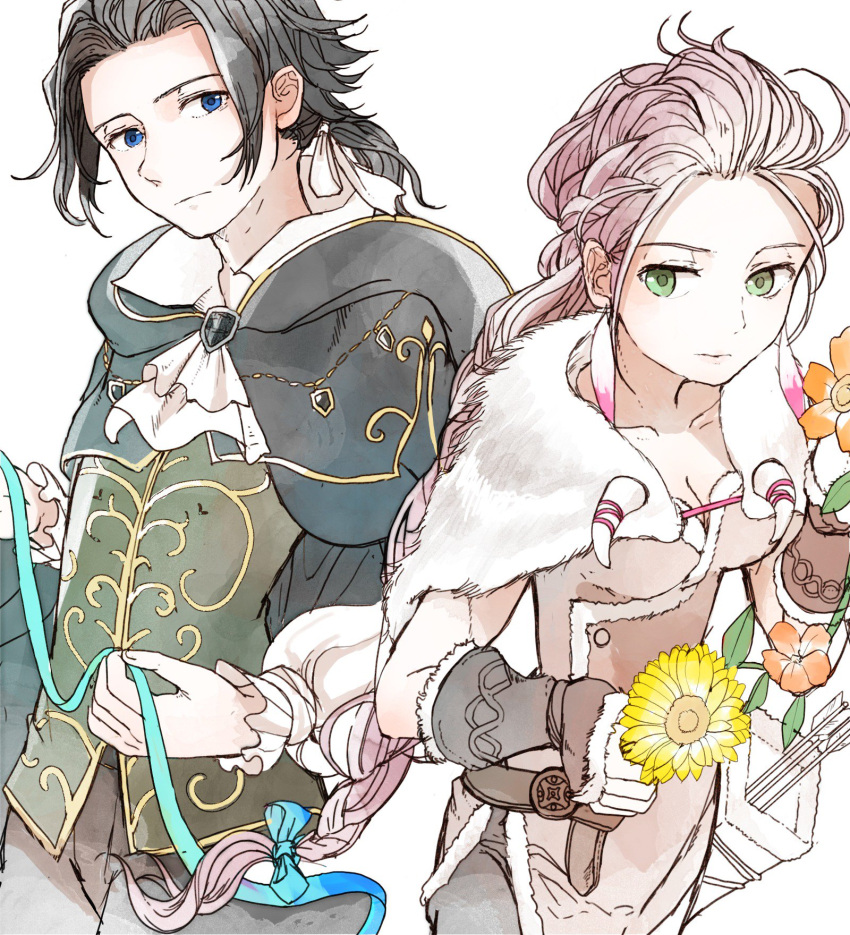 1boy 1girl blonde_hair book braid braided_ponytail brown_hair cape cyrus_(octopath_traveler) flower fur_trim gloves h'aanit_(octopath_traveler) highres jewelry long_hair looking_at_viewer necklace octopath_traveler ponytail rico_ot short_hair simple_background single_braid