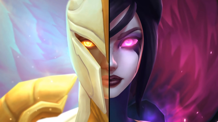 2girls armor highres kayle league_of_legends morgana multiple_girls official_art portrait violet_eyes wallpaper wings yellow_eyes