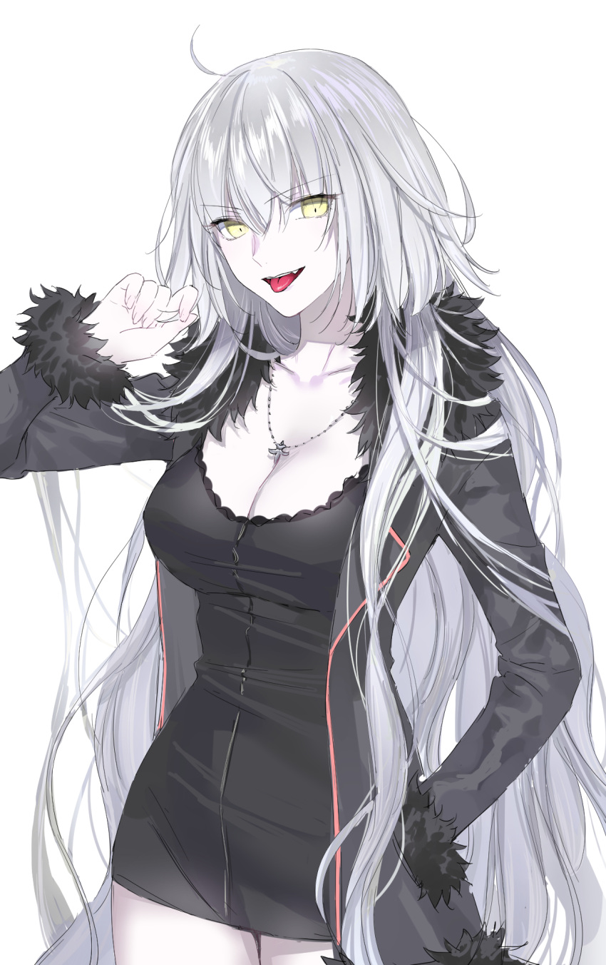 1girl ahoge bangs black_dress breasts cleavage coat commentary_request dress eyebrows_visible_through_hair fate/grand_order fate_(series) fur_collar fur_trim highres jeanne_d'arc_(alter)_(fate) jeanne_d'arc_(fate)_(all) jewelry large_breasts long_hair necklace nipi27 open_clothes open_coat silver_hair solo tongue tongue_out tsurime white_background wicked_dragon_witch_ver._shinjuku_1999 yellow_eyes