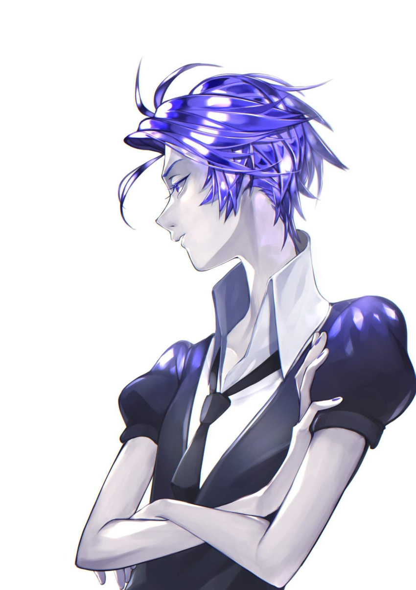 1other androgynous blue_eyes blue_hair blue_zoisite_(houseki_no_kuni) colored_eyelashes crossed_arms crystal_hair gem_uniform_(houseki_no_kuni) hanekuzu highres houseki_no_kuni looking_away necktie short_hair solo upper_body white_background white_skin