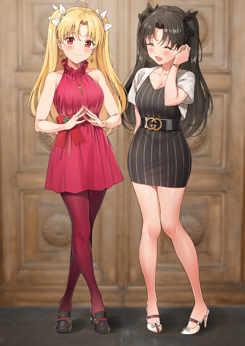2girls :d absurdres ameyame bangs bare_legs belt black_dress black_footwear black_hair black_ribbon blonde_hair blurry blush bracelet breasts cleavage closed_eyes closed_mouth collarbone commentary cross crossed_legs depth_of_field dress earrings ereshkigal_(fate/grand_order) fate/grand_order fate_(series) hair_ribbon hand_up high_heels highres ishtar_(fate/grand_order) jewelry legs_crossed long_hair looking_at_viewer medium_breasts multiple_girls necklace open_mouth pantyhose parted_bangs red_dress red_eyes red_legwear red_ribbon ribbon shoes short_sleeves shrug_(clothing) siblings sisters smile standing steepled_fingers striped striped_dress thighs two_side_up watson_cross white_footwear white_ribbon
