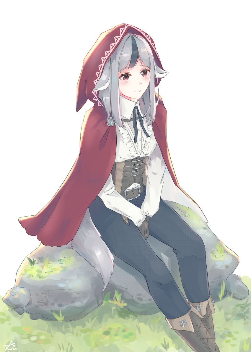 1girl animal_ears belt black_hair closed_mouth fire_emblem fire_emblem_if gloves grass grey_hair highres hood hood_up kiro125 long_hair multicolored_hair nintendo outdoors pants red_eyes rock sitting smile solo streaked_hair tail velour_(fire_emblem_if) wolf_ears wolf_tail