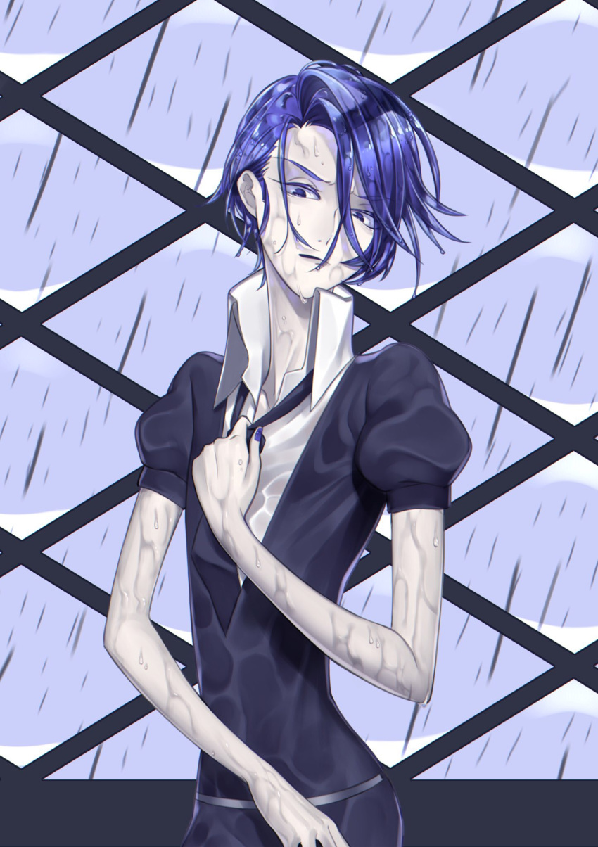 1other androgynous blue_eyes blue_hair blue_zoisite_(houseki_no_kuni) colored_eyelashes crystal_hair frown gem_uniform_(houseki_no_kuni) hanekuzu highres houseki_no_kuni looking_at_viewer necktie open_collar rain short_hair solo upper_body wet wet_clothes wet_hair white_skin window