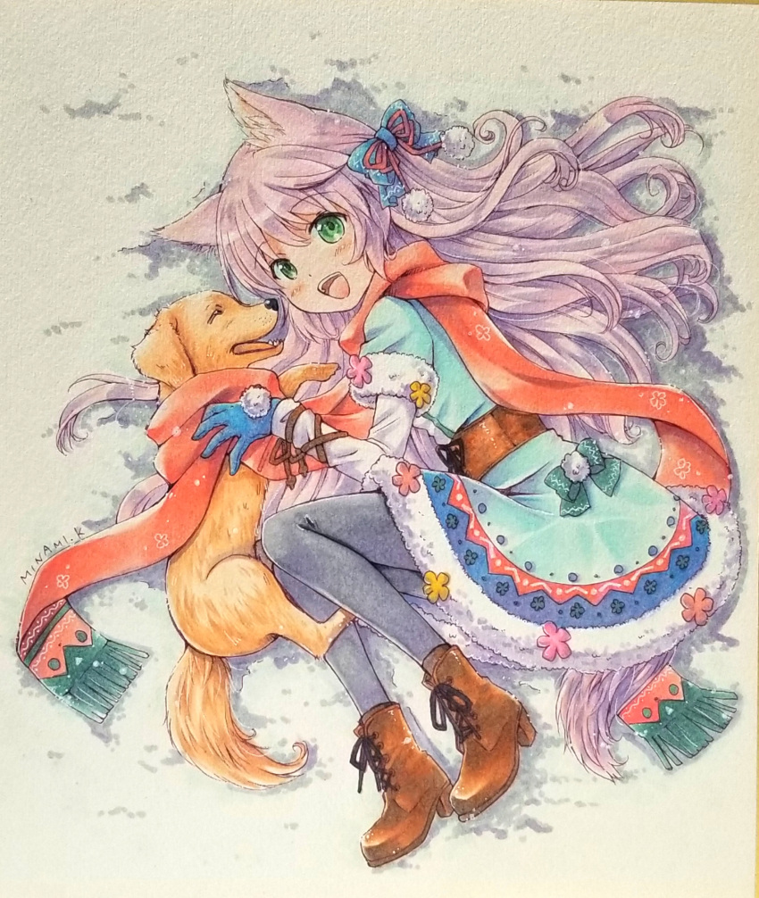 1girl :d animal_ears artist_name boots bow brown_footwear dog dog_ears dog_tail dress dress_bow fetal_position full_body fur-trimmed_dress fur-trimmed_sleeves fur_trim green_eyes hair_bow highres long_hair long_sleeves looking_at_viewer lying marker_(medium) minami_kawa on_side open_mouth original pantyhose pink_hair scarf short_over_long_sleeves short_sleeves smile snow tail traditional_media winter_clothes