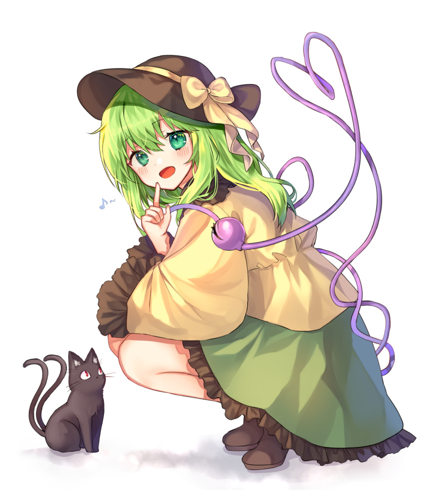 1girl :o black_cat blush brown_footwear brown_hat cat cheunes frilled_shirt frilled_skirt frilled_sleeves frills full_body green_eyes green_hair green_skirt hand_up hat hat_ribbon head_tilt heart heart_of_string highres index_finger_raised kaenbyou_rin kaenbyou_rin_(cat) komeiji_koishi long_hair long_sleeves looking_at_another looking_at_viewer looking_back multiple_tails musical_note open_mouth red_eyes ribbon shadow shirt shoes simple_background skirt squatting tail third_eye touhou two_tails white_background wide_sleeves yellow_ribbon yellow_shirt