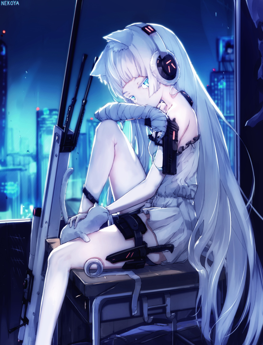 1girl ai_arctic_warfare animal animal_ear_fluff animal_ears bare_shoulders blue_eyes blue_sky blurry blurry_background bolt_action cat cat_ears cat_girl cat_tail cityscape colored_eyelashes commentary_request depth_of_field desk dress dyolf girls_frontline gun handgun headphones highres holding holding_gun holding_weapon knife long_hair night night_sky on_desk original pistol pleated_dress rifle school_desk sidelocks signature silver_hair sitting sky sniper_rifle solo strap_slip tail tally tape very_long_hair weapon weapon_request white_cat white_dress