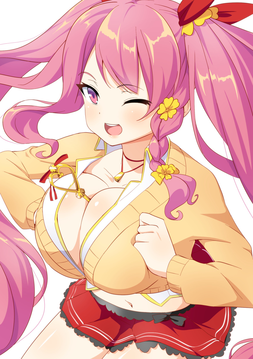 1girl ;d between_breasts braid breast_squeeze breasts cleavage cowboy_shot cowslip_(flower_knight_girl) flower flower_knight_girl hair_flower hair_ornament highres key large_breasts long_hair looking_at_viewer navel one_eye_closed open_mouth pink_eyes pink_hair red_skirt sakamata sidelocks simple_background skirt smile solo sweater twintails white_background yellow_sweater