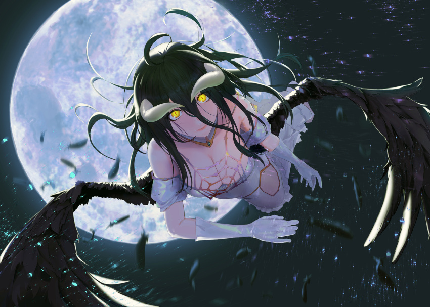 albedo black_hair breasts demon demon_girl demon_horns demon_wings dress elbow_gloves feathered_wings feathers flying gloves hair_between_eyes highres horns jewelry large_breasts long_hair looking_at_viewer moon necklace overlord_(maruyama) pothemuy shirt strapless strapless_dress thigh-highs thighs white_gloves white_shirt wings yellow_eyes