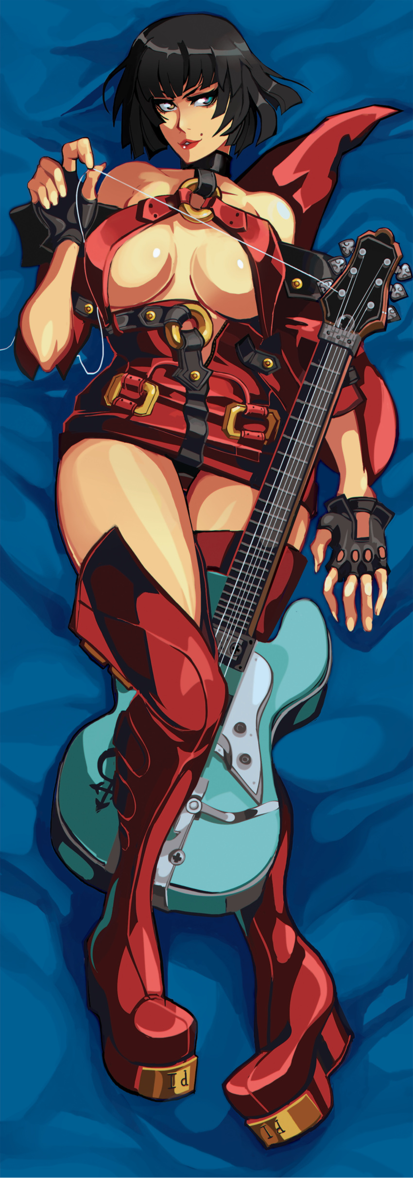 1girl absurdres bangs bare_shoulders bed_sheet black_choker black_gloves black_hair black_panties blue_eyes boots breasts brown_eyes choker commentary dakimakura dress electric_guitar english_commentary fingerless_gloves full_body gloves guilty_gear guitar hat hat_removed headwear_removed heterochromia highres i-no instrument large_breasts lipstick looking_at_viewer lying makeup mole_above_mouth no_bra nose o-ring o-ring_top panties pantyshot pantyshot_(lying) pigeon-toed platform_boots platform_footwear red_dress red_footwear revealing_clothes revision riftka short_dress short_hair short_sleeves solo thigh-highs thigh_boots under_boob underwear