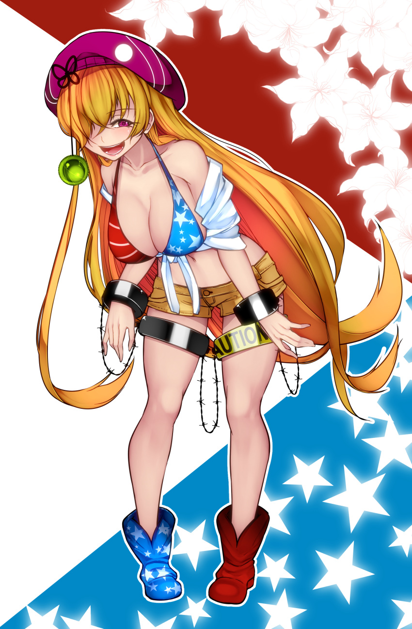 1girl :d absurdres alternate_breast_size alternate_costume alternate_headwear american_flag_bikini_top aoshima barbed_wire bare_legs bare_shoulders beret bikini_top blonde_hair blue_background blue_bikini_top blue_footwear blush boots breasts caution clownpiece collarbone commentary_request crop_top full_body hair_over_one_eye hat highres large_breasts leaning_forward long_hair looking_at_viewer midriff mismatched_footwear multicolored multicolored_background navel off_shoulder older open_mouth purple_hat red_background red_bikini_top red_footwear shirt short_shorts short_sleeves shorts smile solo standing star star_print stomach striped_bikini_top thigh_strap thighs tied_shirt touhou very_long_hair violet_eyes white_background white_shirt wrist_cuffs yellow_shorts