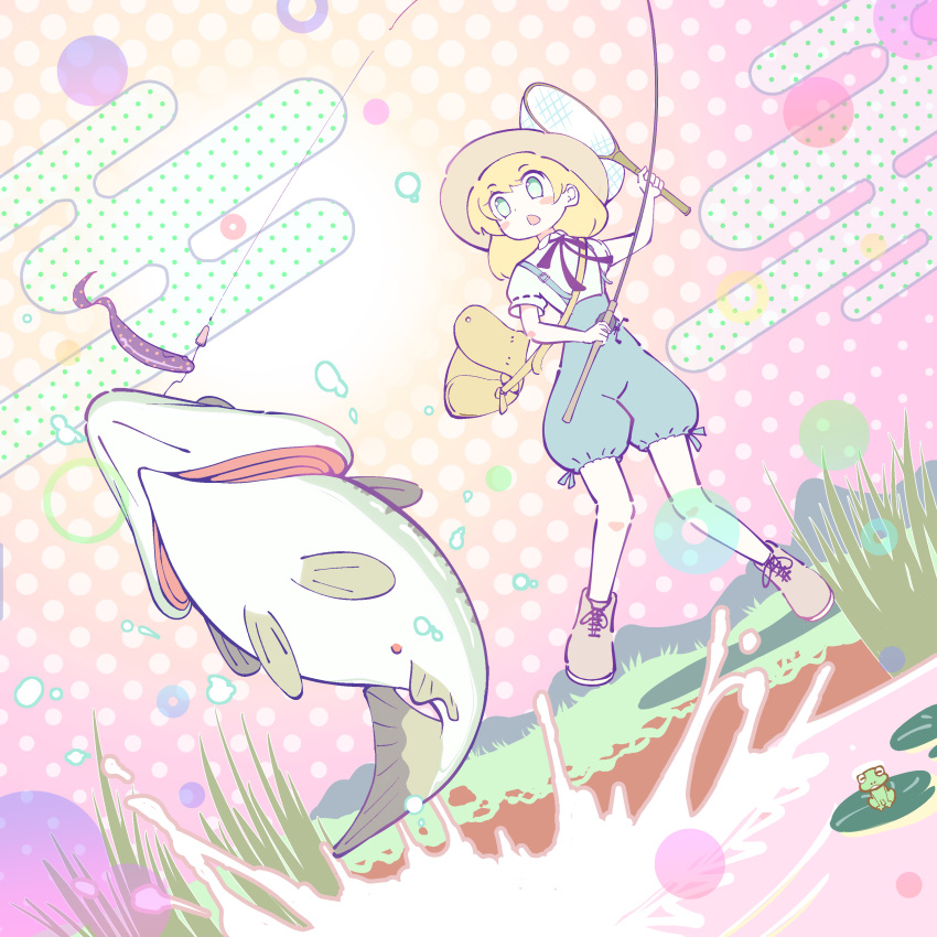 1girl absurdres bag black_neckwear blonde_hair blush blush_stickers brown_footwear commentary_request egasumi eyebrows_visible_through_hair fishing frog grass green_eyes halftone highres koushisong lily_pad original phallic_symbol polka_dot shirt shoes short_sleeves shorts shoulder_bag splashing standing suspender_shorts suspenders water white_shirt wide_shot