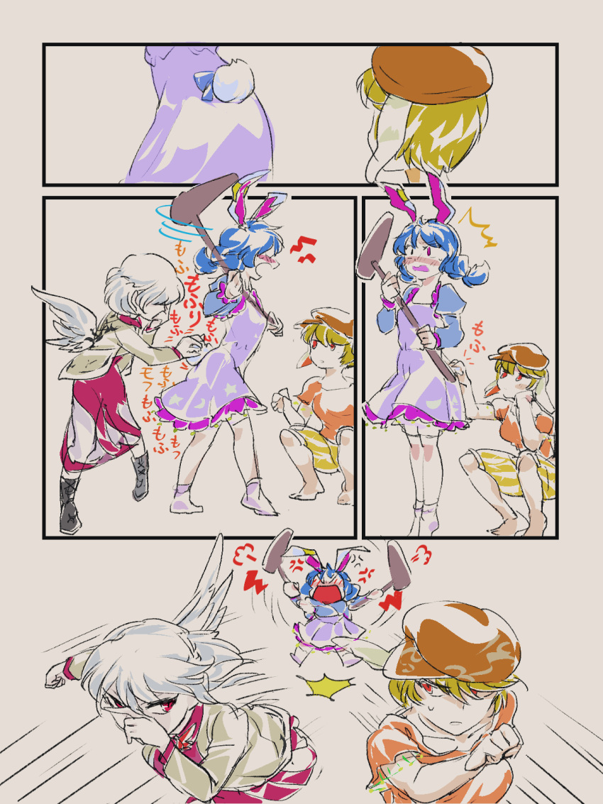 /\/\/\ 3girls 4koma afterimage angel_wings anger_vein angry animal_ears bangs barefoot blonde_hair blouse blue_hair blush boots brown_hat bunny_tail chamaruku comic commentary_request dress ear_clip flat_cap fleeing floppy_ears grabbing grey_hair grey_wings hand_on_own_face hat highres holding jacket juliet_sleeves kine kishin_sagume long_dress long_sleeves looking_at_another mallet medium_dress motion_lines multiple_girls nose_blush open_clothes open_jacket open_mouth puffy_sleeves purple_dress rabbit_ears red_eyes ringo_(touhou) running seiran_(touhou) short_hair short_sleeves shorts silent_comic single_wing socks sound_effects squatting standing surprised tail tail_grab touhou twintails wings