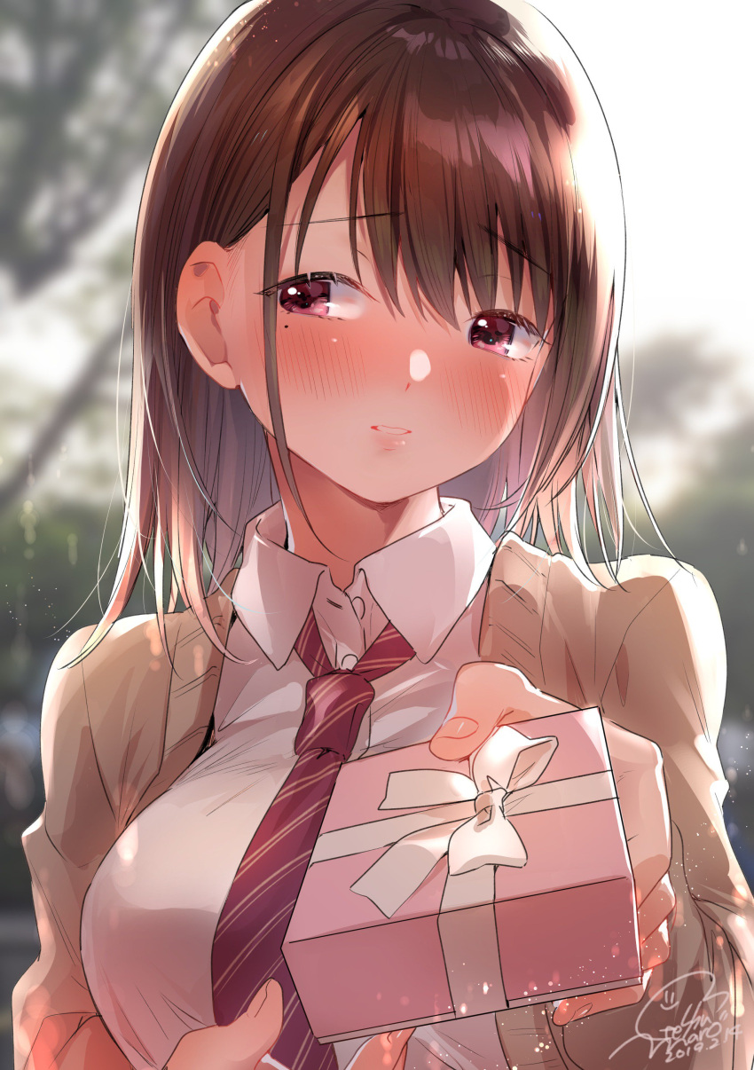 1girl absurdres bangs blush box brown_hair cardigan geshumaro gift gift_box highres holding holding_gift incoming_gift long_hair mole mole_under_eye necktie original school_uniform upper_body valentine