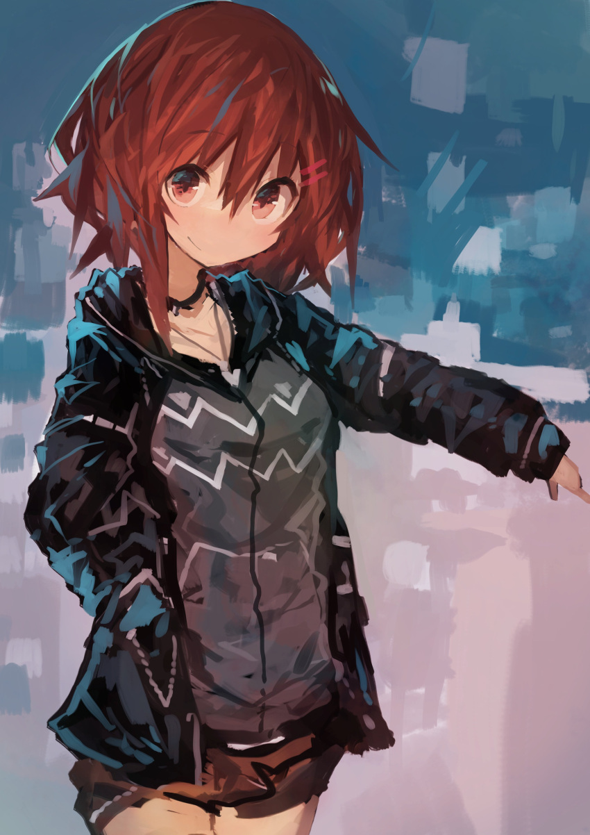 1girl absurdres alternate_costume bangs black_jacket blue_background brown_eyes brown_hair choker cowboy_shot hair_between_eyes hair_ornament hairclip highres hood hoodie ikazuchi_(kantai_collection) jacket kaamin_(mariarose753) kantai_collection lavender_background light_smile looking_at_viewer outstretched_arm short shorts solo