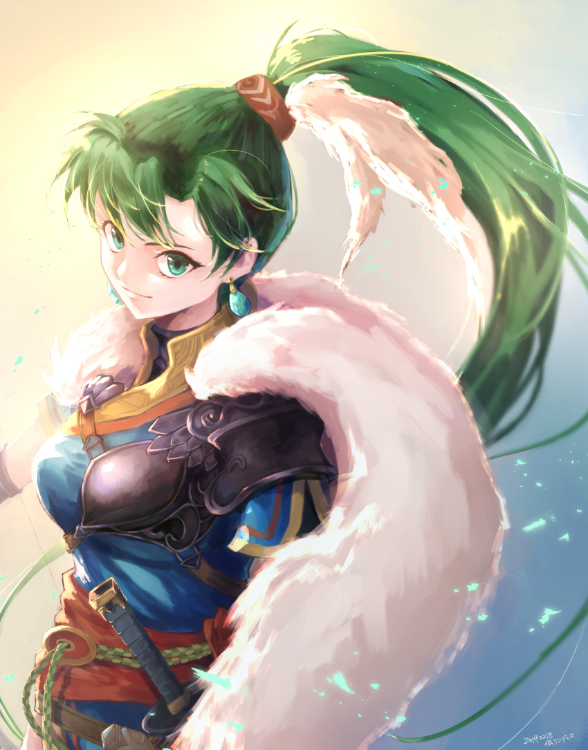 1girl closed_mouth dated earrings fire_emblem fire_emblem:_rekka_no_ken fire_emblem_heroes green_eyes green_hair haraitai highres jewelry long_hair lyndis_(fire_emblem) nintendo ponytail sheath sheathed short_sleeves solo sword upper_body weapon