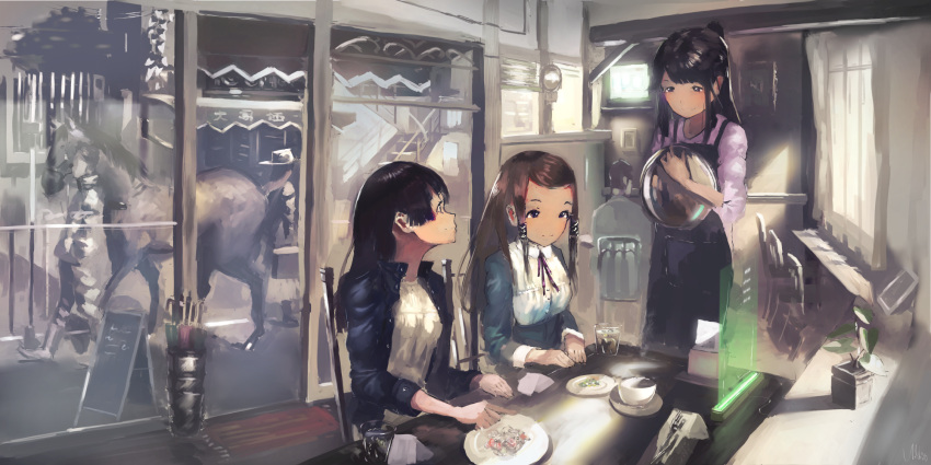 3girls apron bangs black_hair breasts brown_hair cup curtains fork green_umbrella highres horse itodome leaf light long_hair long_sleeves multiple_girls original pink_umbrella plate profile signature sitting sunlight table umbrella upper_body window