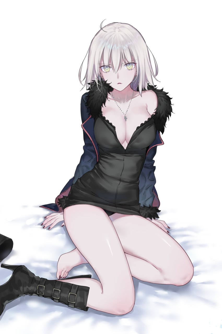 1girl absurdres ahoge arm_support belt_boots black_panties boot_removed boots breasts cleavage collarbone fate/grand_order fate_(series) footwear_removed fur-trimmed_collar hair_between_eyes high_heel_boots high_heels highres jeanne_d'arc_(alter)_(fate) jeanne_d'arc_(fate)_(all) jewelry medium_breasts nail_polish necklace nipi27 open_mouth pale_skin panties pantyshot pantyshot_(sitting) red_nails short_hair single_boot sitting solo thighs underwear white_background white_hair yellow_eyes