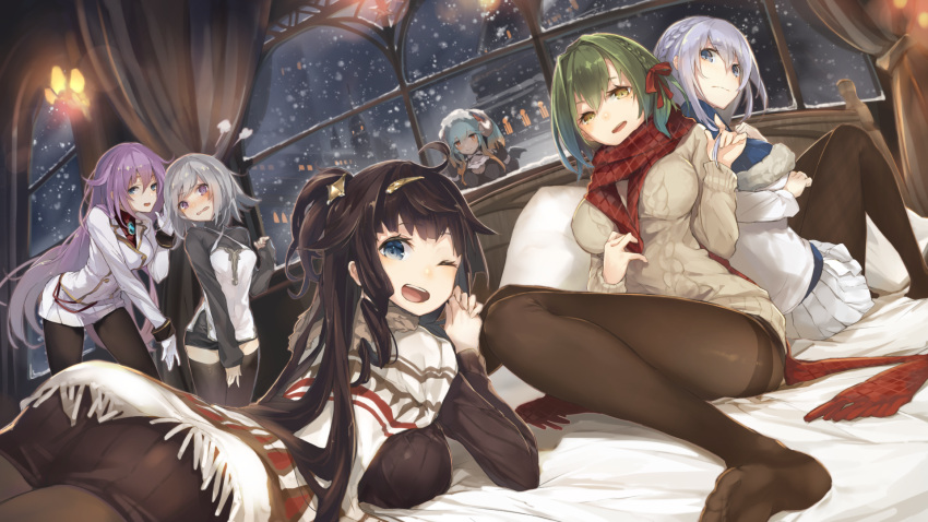 6+girls ;d aran_sweater ass back-to-back bed black_legwear blue_eyes blue_hair blush braid breasts brown_eyes brown_hair building character_request closed_mouth commentary cruel_gz curtains demon_horns diana_(sennen_sensou_aigis) dutch_angle elias_(sennen_sensou_aigis) english_commentary eyebrows_visible_through_hair fume gloves green_hair hair_between_eyes hair_ribbon head_tilt highres horns indoors lapis_(sennen_sensou_aigis) large_breasts leaning_forward lens_flare leora_(sennen_sensou_aigis) long_hair long_sleeves looking_at_viewer looking_back lucia_(sennen_sensou_aigis) lying mole mole_under_eye multiple_girls night on_bed on_stomach one_eye_closed open_mouth own_hands_together pantyhose parted_lips plaid plaid_scarf pleated_skirt purple_hair red_ribbon red_scarf ribbon scarf sennen_sensou_aigis silver_hair sitting skirt sleeves_past_wrists smile snow snowing standing sweater thigh-highs thighband_pantyhose twintails very_long_hair violet_eyes wavy_mouth white_gloves white_skirt window