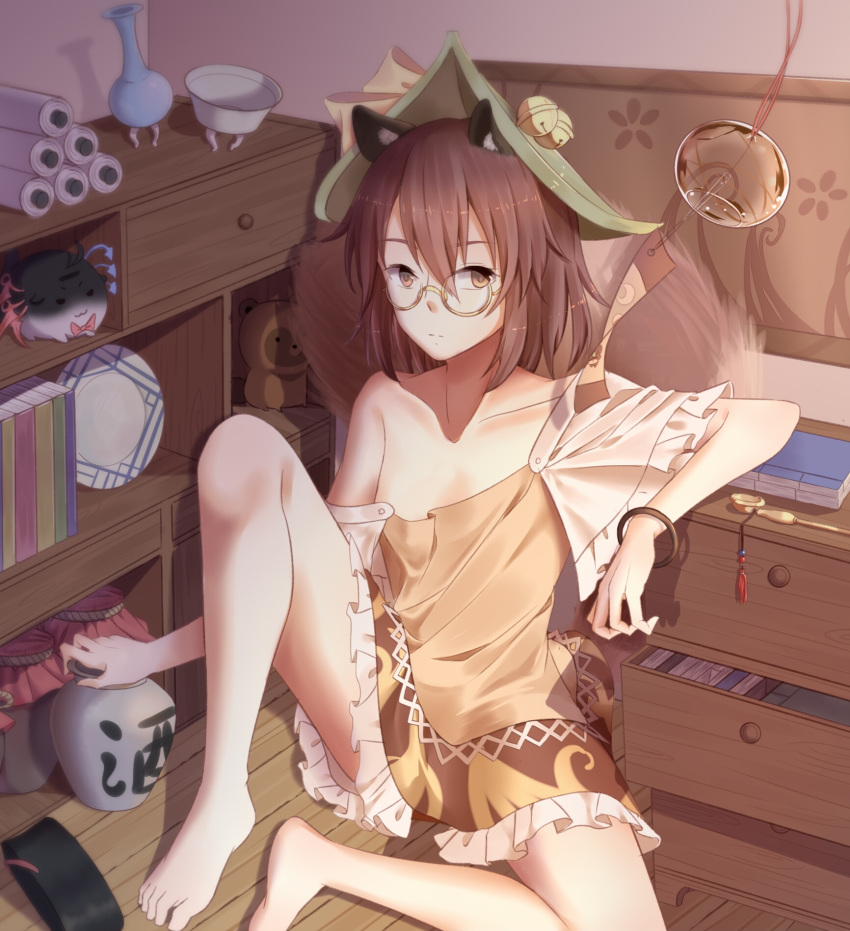 1girl animal_ear_fluff animal_ears asymmetrical_wings bangle bangs bare_shoulders barefoot bell bloomers blue_wings book bow bracelet brown_eyes brown_hair brown_shirt brown_skirt collarbone commentary_request drawer eyebrows_visible_through_hair flat_chest frilled_sleeves frills futatsuiwa_mamizou glasses green_hat hair_between_eyes hakutaku hat hat_bell hat_bow highres houjuu_nue indoors jar jewelry jingle_bell kiseru knee_up looking_at_viewer miniskirt minuo off_shoulder pipe raccoon_ears raccoon_tail red_bow red_wings round_eyewear sake scroll shadow shirt short_hair short_sleeves sitting skirt solo stuffed_animal stuffed_raccoon stuffed_toy tail thighs touhou translated underwear white_bloomers wind_chime wings wooden_floor yellow-framed_eyewear yellow_bow