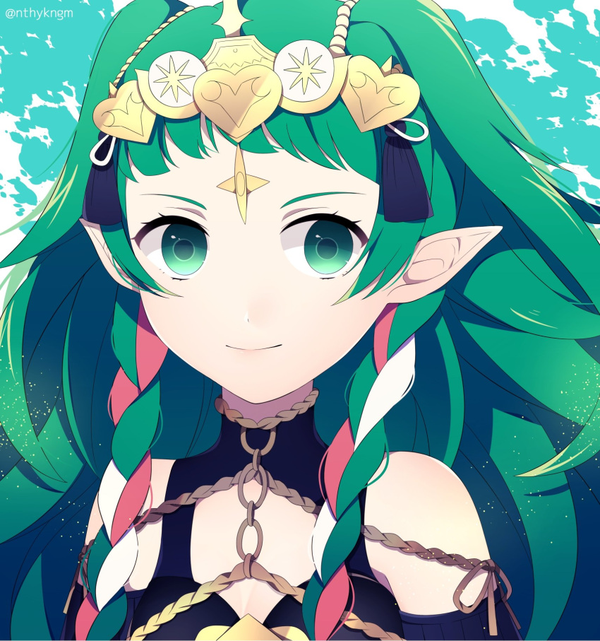 1girl braid closed_mouth crml_orng fire_emblem fire_emblem:_three_houses green_eyes green_hair highres long_hair mamkute multicolored_hair nintendo pointy_ears portrait smile solo sothis tiara twin_braids twitter_username